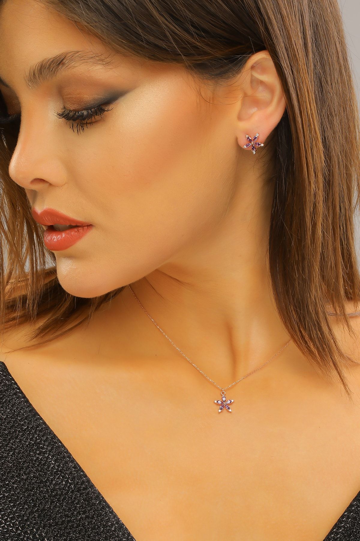 925 Ayar Gümüş Ametist Model Nergis Çiçeği Kolye Küpe Set - 2