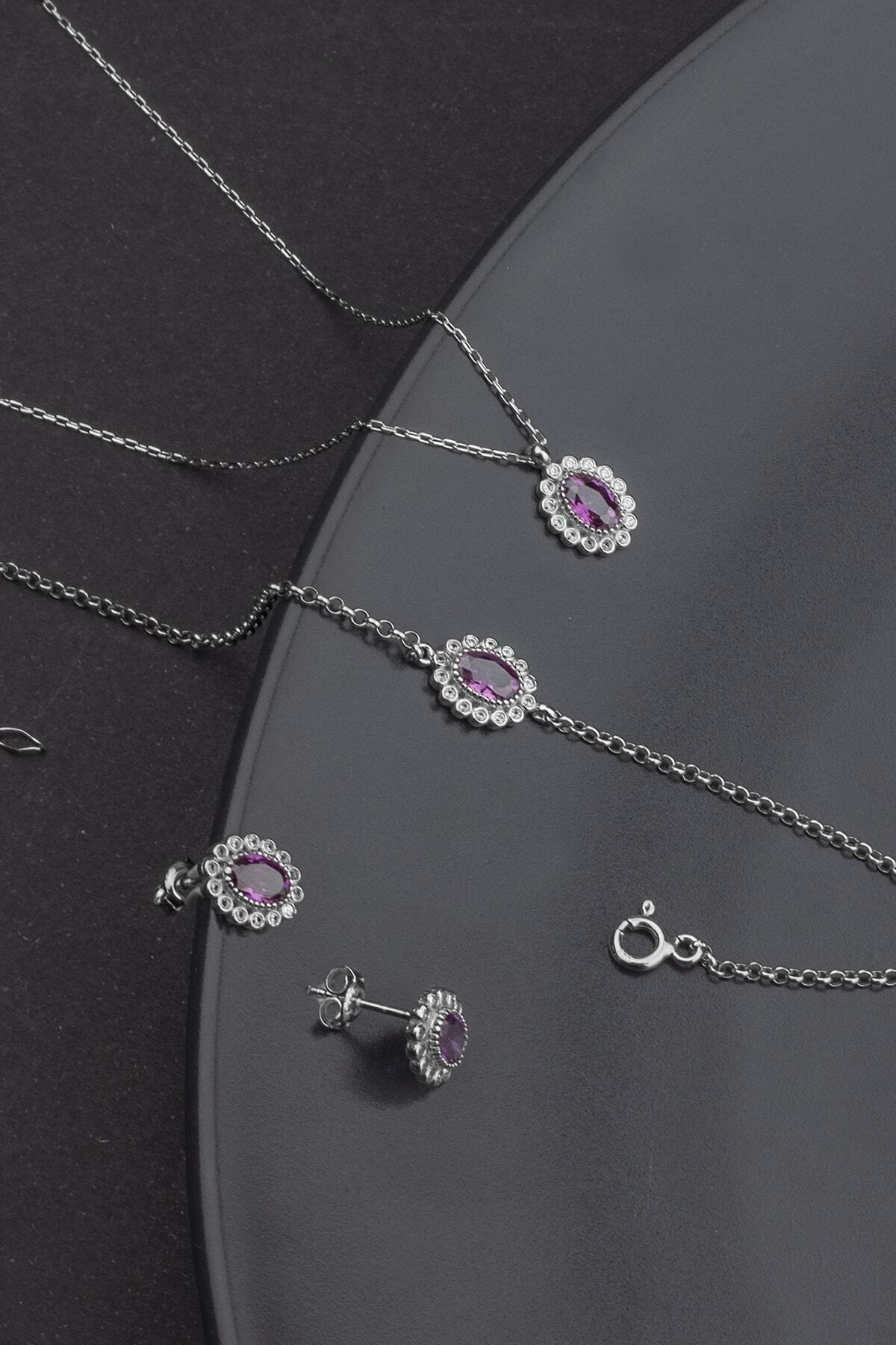 LINTERNA 925 Ayar Gümüş Ametist Taşlı Oval Takı Seti