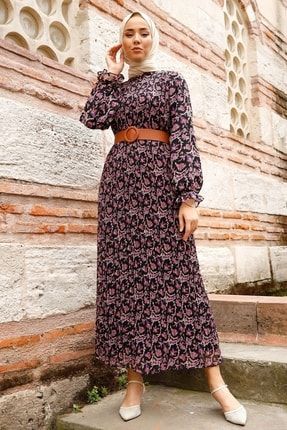 Şal Desen 2016 Şifon Elbise Tesettür - Siyah MS00AN2016