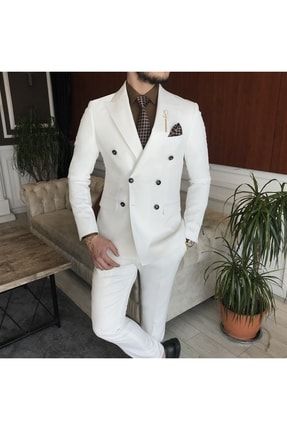 İtalyan Stil Kruvaze Ceket Pantolon Takım Elbise Beyaz T7099