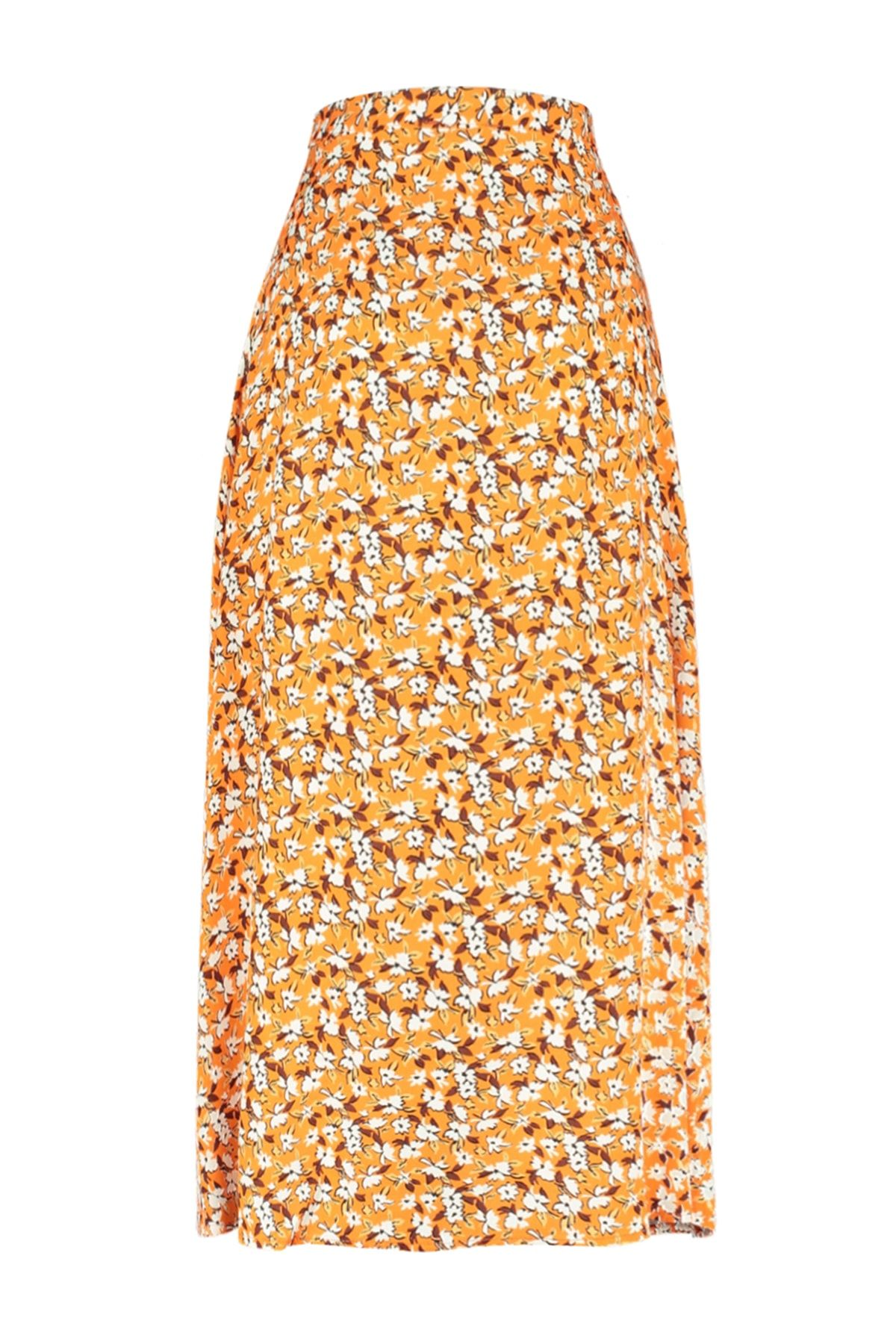 Trendyol Collection-Fustă portocalie țesută midi cu fantă, țesătură de viscoză, cu modele florale TWOSS20ET0230 6
