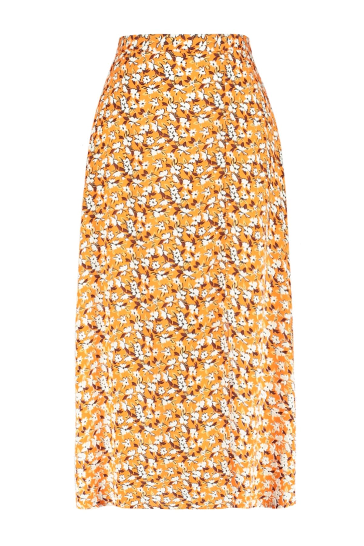 Trendyol Collection-Fustă portocalie țesută midi cu fantă, țesătură de viscoză, cu modele florale TWOSS20ET0230 8