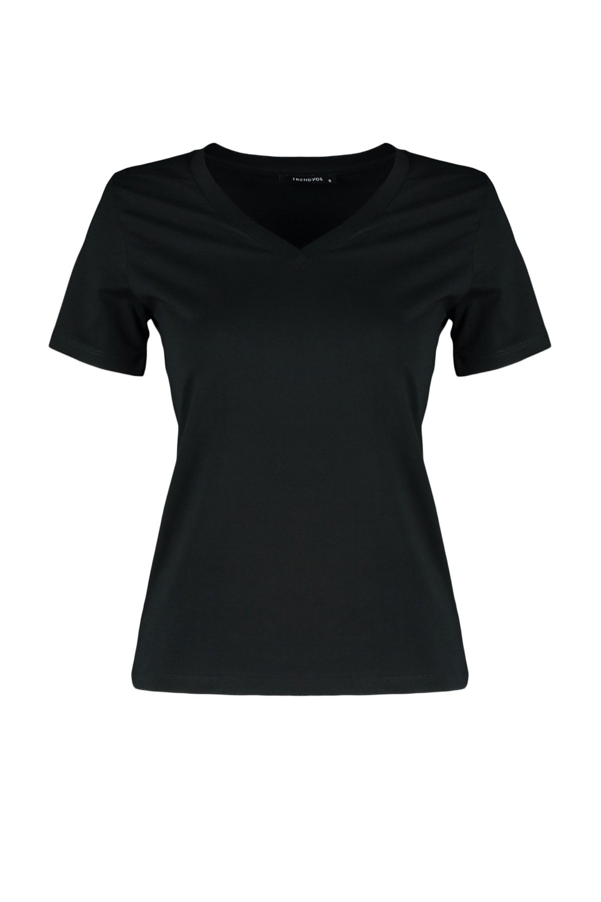 Trendyol Collection-Fekete V-nyakú 100% pamut kötött póló - TWOSS23TS00001 6
