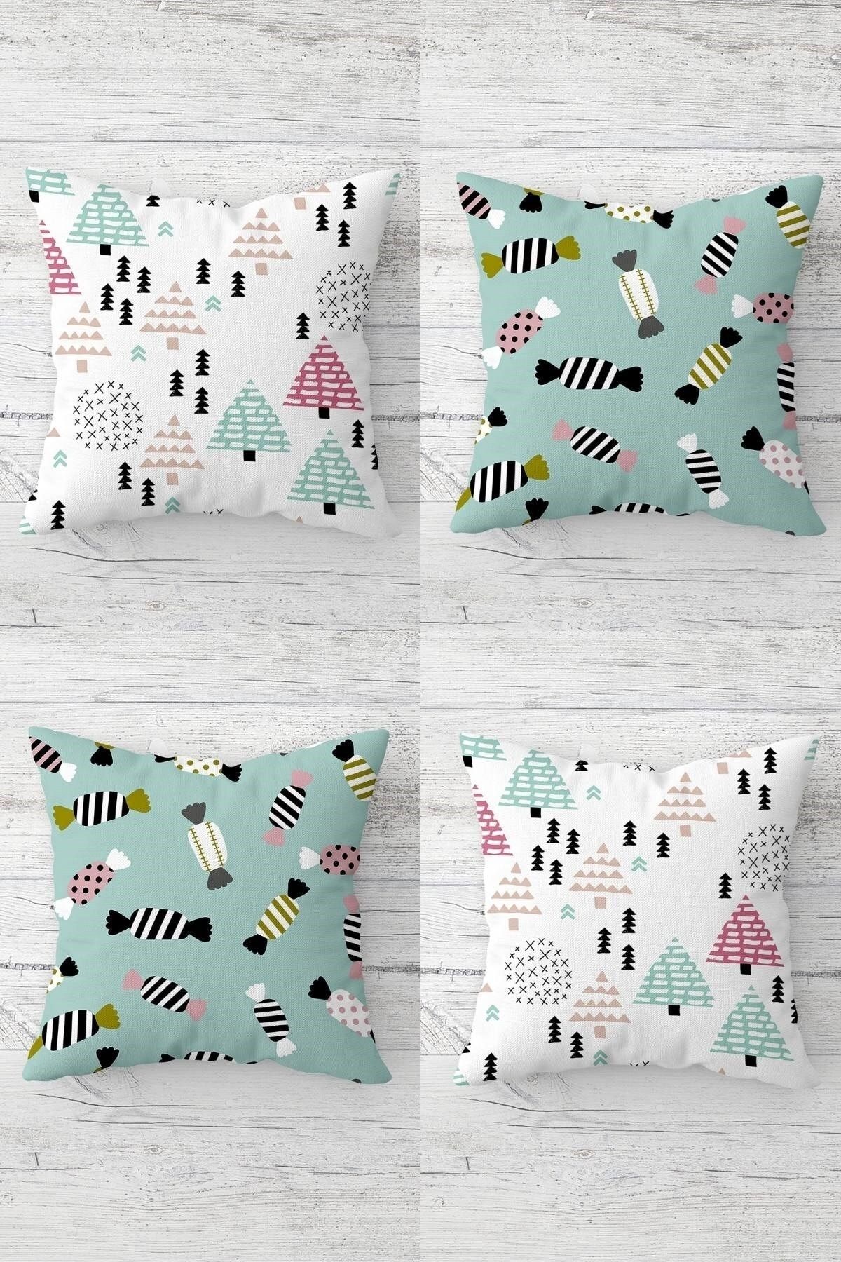 on the clouds-Pine Tree and Candy Patterned Concealed Zippered Throw Pillow Cover Sofa Pillow Cover Set (4 Pieces) 1