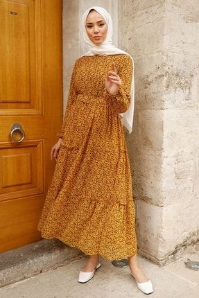 Çıtır Desen Piliseli 2021 Şifon Tesettür Elbise - Hardal MS00AN2021