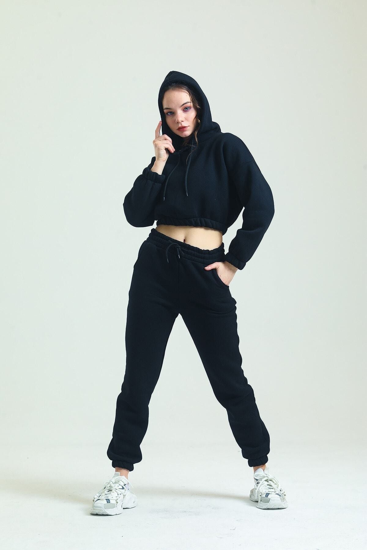 Babelook Women s Black Fleece Hooded Crop Sweatshirt and Jogger Double Tracksuit Set Trendyol