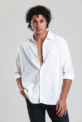 Erkek Oversize Viskon Beyaz Gömlek Uzun Kollu Yazlık Gömlek VST-OVGB-1000-0001