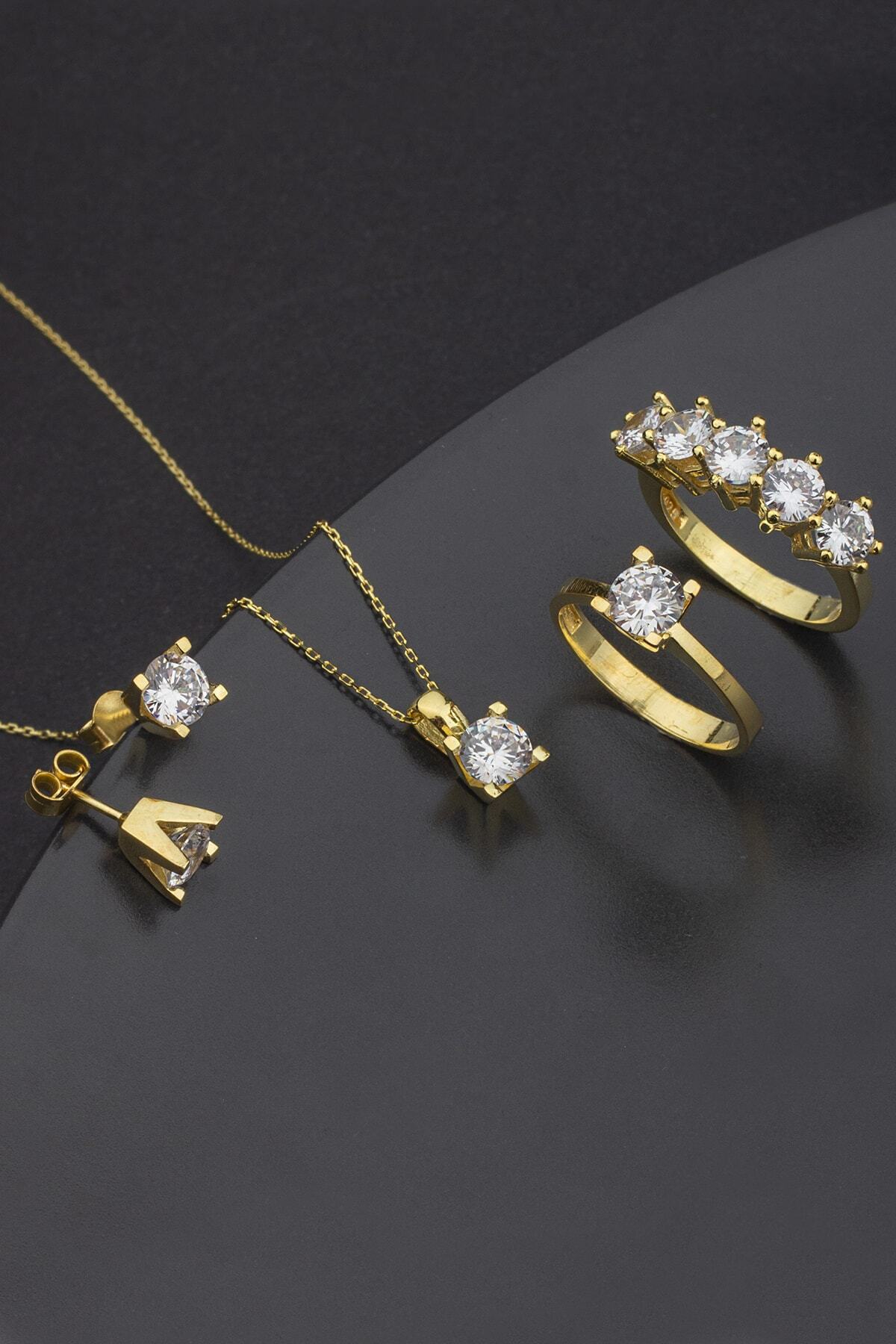 LINTERNA 925 Ayar Gümüş Tek Taş Beş Taş Kombin Takı Seti