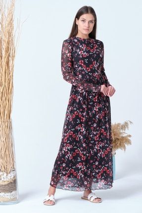 Uzun Kollu Maxi Çiçek Desenli Elbise 1006MAXI
