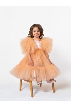 Özel Tasarım Omuzları Fırfırlı Tül Kollu Bulut Prenses Elbise 1110 NBKDS01