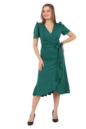 Kadın Abiye Krep Kumaş Kuşaklı Midi Boy Elbise Zümrüt Yeşil 155