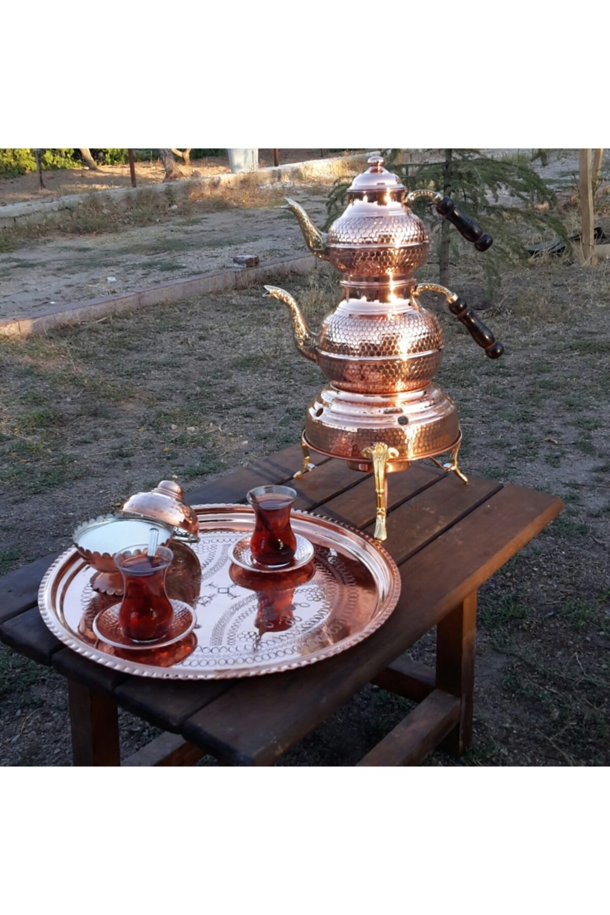 KAYSERİ BAKIRCILIK Bakır Çaydanlık Kuşaklı Petek Kırmızı Osmanlı Ocaklı Takım