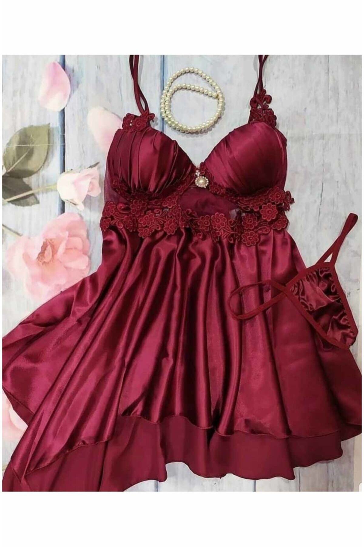 Çeyize dair herşey Bordo Saten Gecelik 2470