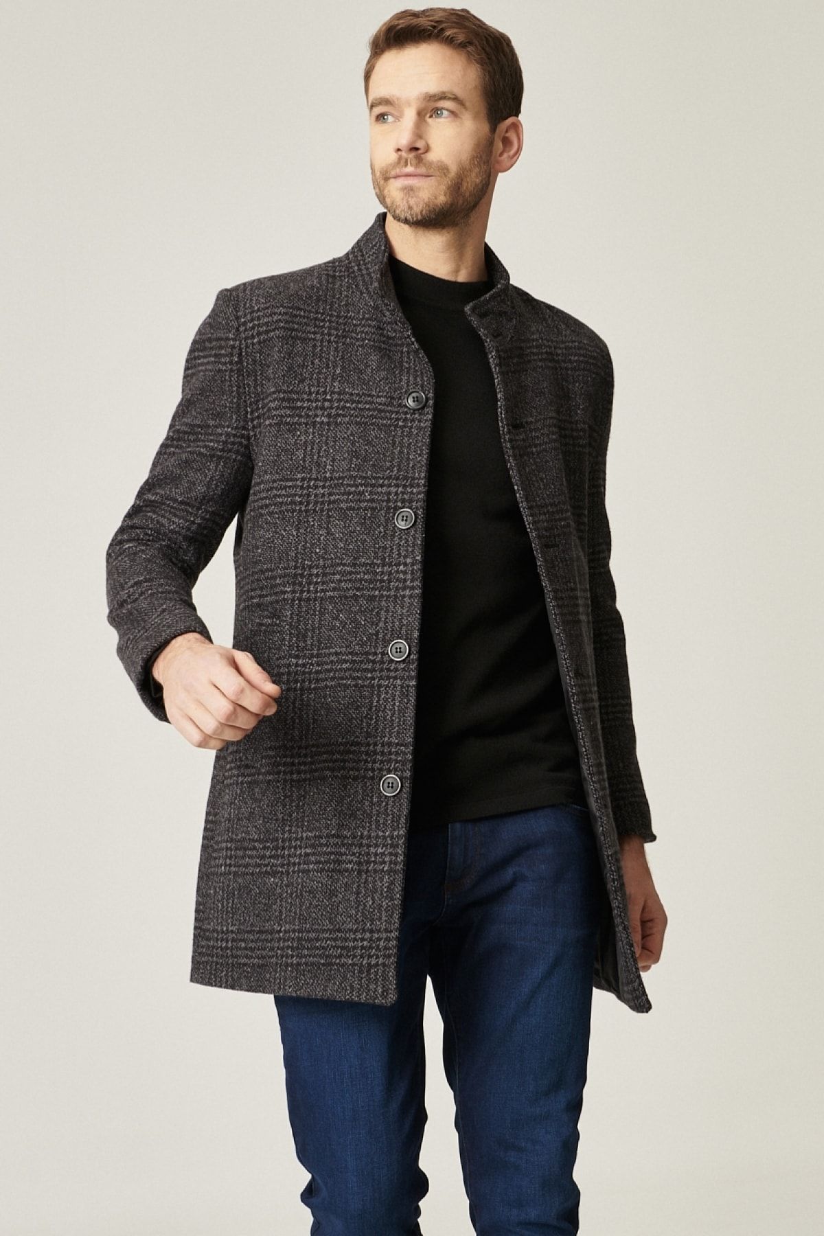 altinyildiz classics erkek siyah antrasit ekstra slim fit dik yaka kareli klasik kislik kaban fiyati yorumlari trendyol