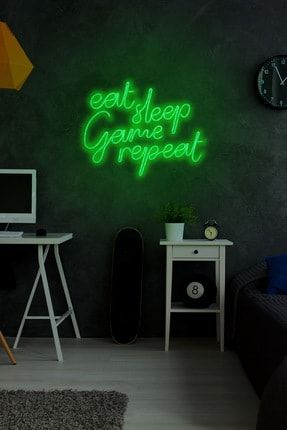 Neongraph Neon Led Duvar Yazısı Dekoratif Işıklı Gece Lambası Duvar Süsü Eat Sleep Game Repeat DEC010055