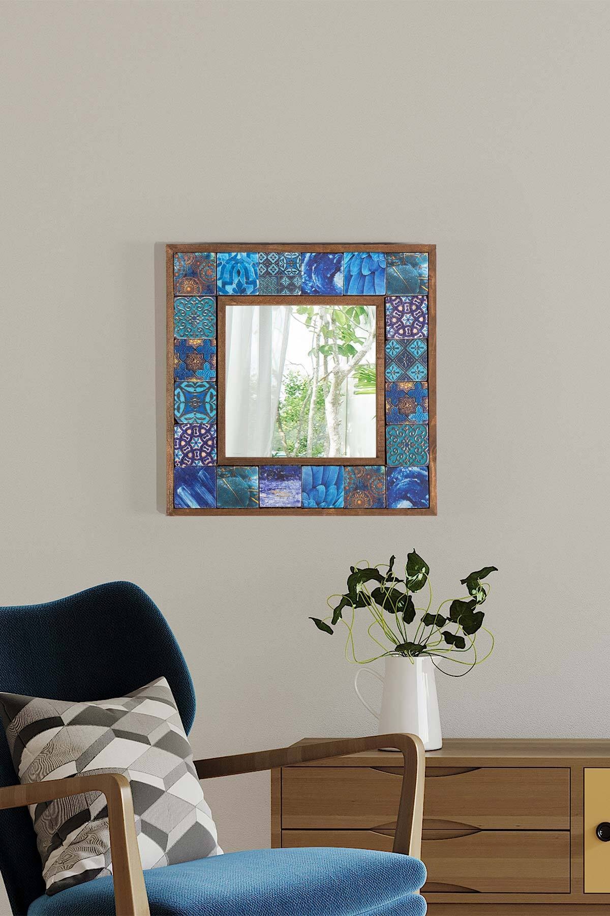bluecape Amalfi Doğal Ağaç Çerçeveli Doğal Limra Taş Kaplı Salon Duvar Konsol Boy Aynası 33x33 Cm