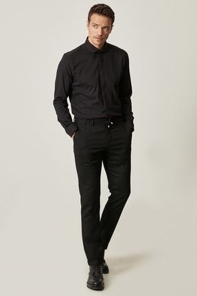 Erkek Siyah Slim Fit Dar Kesim Yan Cep Desenli Beli Bağlamalı Rahat Pantolon 4A0120200031