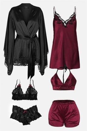 no brand 6 li siyah bordo saten pijama