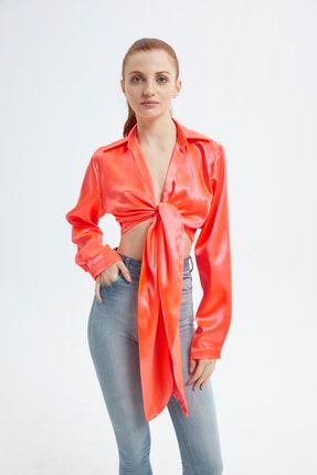 Kadın Turuncu Neon Saten Bağlamalı Gömlek SQD1848
