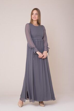 Işlemeli Uzun Koyu Gri Elbise M19YEQ16012OD