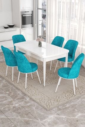 Leona Beyaz 80x132 Mdf Açılabilir Mutfak Masası Takımı 6 Adet Sandalye RVNAZARBYZ06