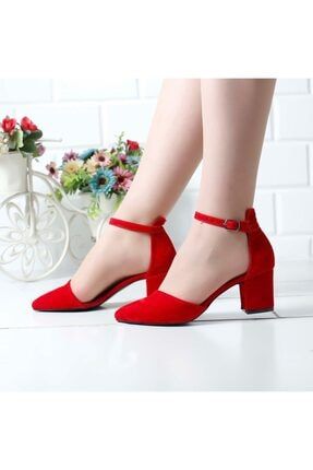 Kadın Kırmızı Süet Tek Bant Kalın Topuklu Klasik Ayakkabı Fema202000233