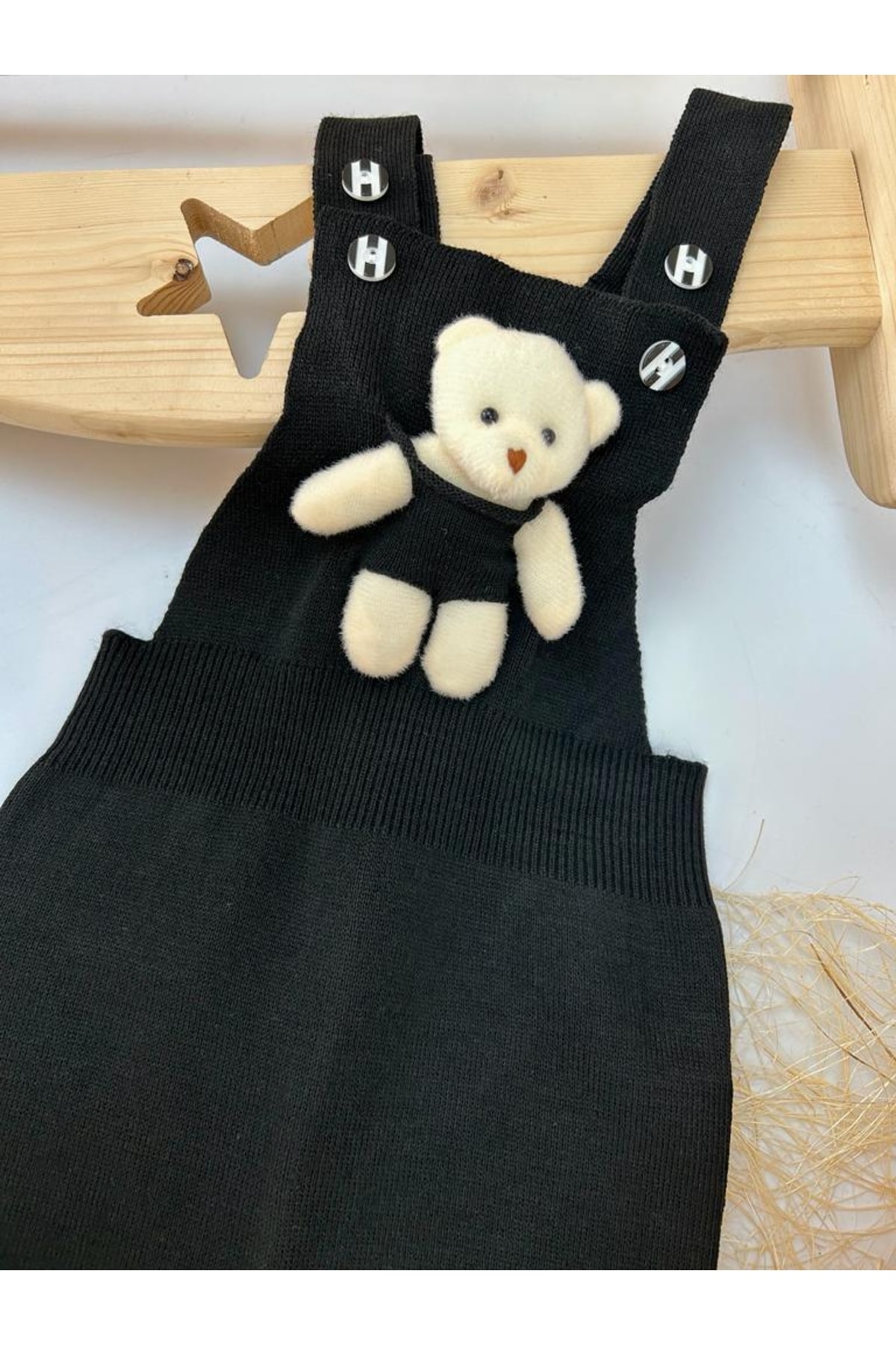 aryakids Kız Erkek Çocuk Ayıcıklı Kışlık Triko Salopet Siyah fotoğrafı 2 (önizleme)