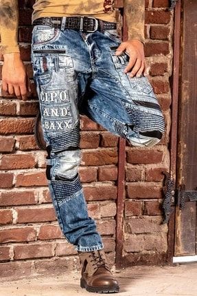 Erkek Mavi Rapper Style Regular Fit Deri Detay Yama Kot Pantolon Cd637 CBJ-CD637 BLUE
