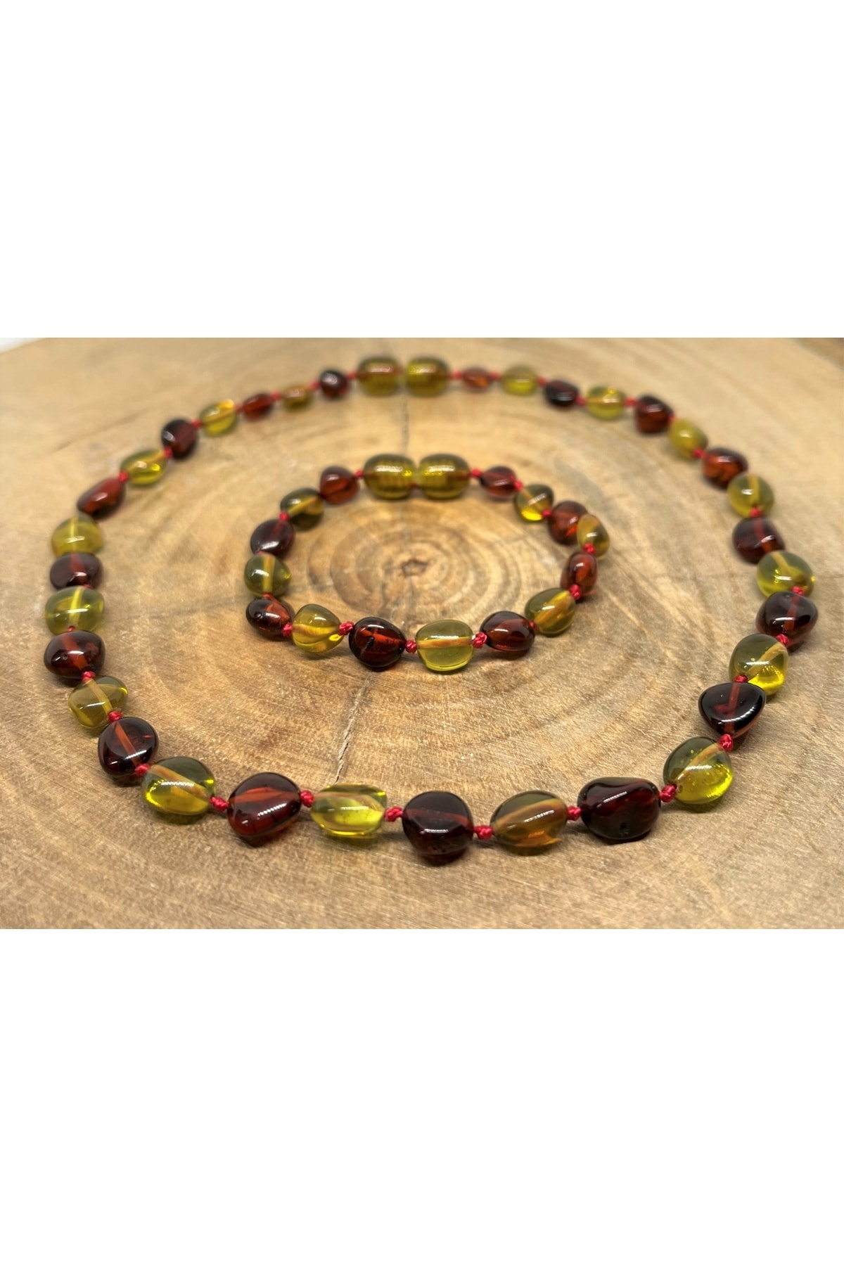 Kotryna Damla Kehribar Yeşil Kırmızı Renk Bebek Kolye Bileklik Set