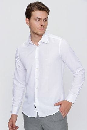 Erkek Beyaz Uzun Kol Armürlü Sert Yaka Cepsiz Pamuklu Slim Fit Dar Kesim Klasik Gömlek 1004220196