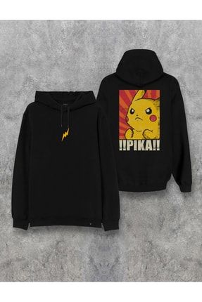 Unisex Siyah Pokemon Pikachu Baskılı Kapüşonlu Sweatshirt 49096drk39208112