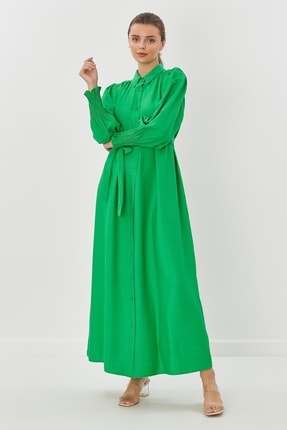 Kol Manşetleri Lastikli Robalı Elbise Ördek Yeşili TYC00473706481