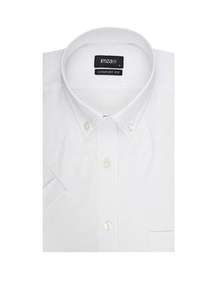 Erkek Beyaz Kısa Kol Kareli Düğmeli Yaka Cepli Pamuklu Comfort Rahat Kesim Klasik Gömlek 1004220189