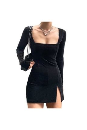 Kadın Siyah Yırtmaç Detaylı Kadife Elbise KTB002