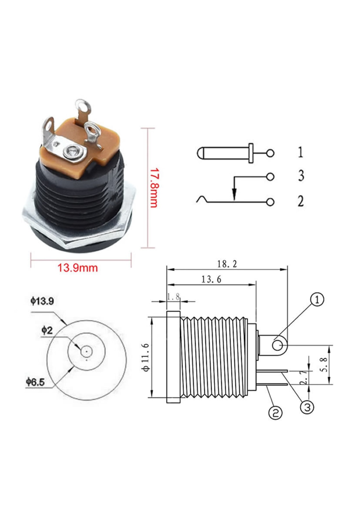 5.5x 2.1mm Plastik DC Güç Soketi Panel Montaj Power Jack Adaptör 4