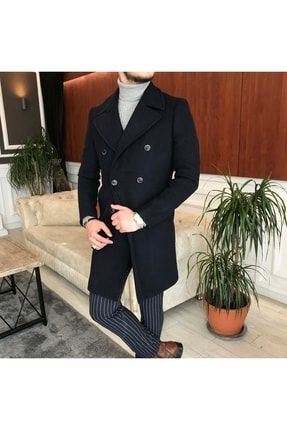 Italyan Stil Slim Fit Erkek Kruvaze Yün Kaşe Kaban Lacivert T5074