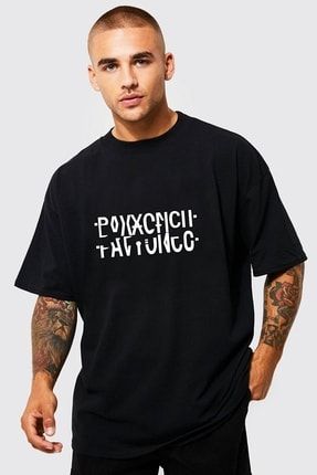 Erkek Siyah Pavyoncu Katlamalı Baskılı Oversize T-shirt Benisengiydirpavyoncut-shirt