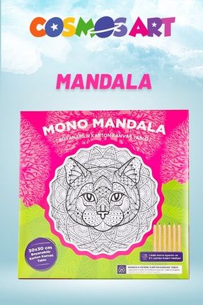 Karton Kanvas Mandala - Ahşap Çerçeve Görünümlü Kedi Kafası Boyama - 6'lı Jumbo Kalem COSMOS2002