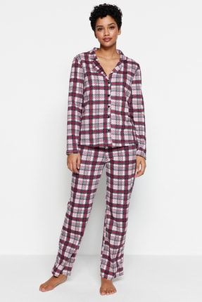 Çok Renkli Ekose Desenli Gömlek Yaka Örme Pijama Takımı THMAW23PT00310
