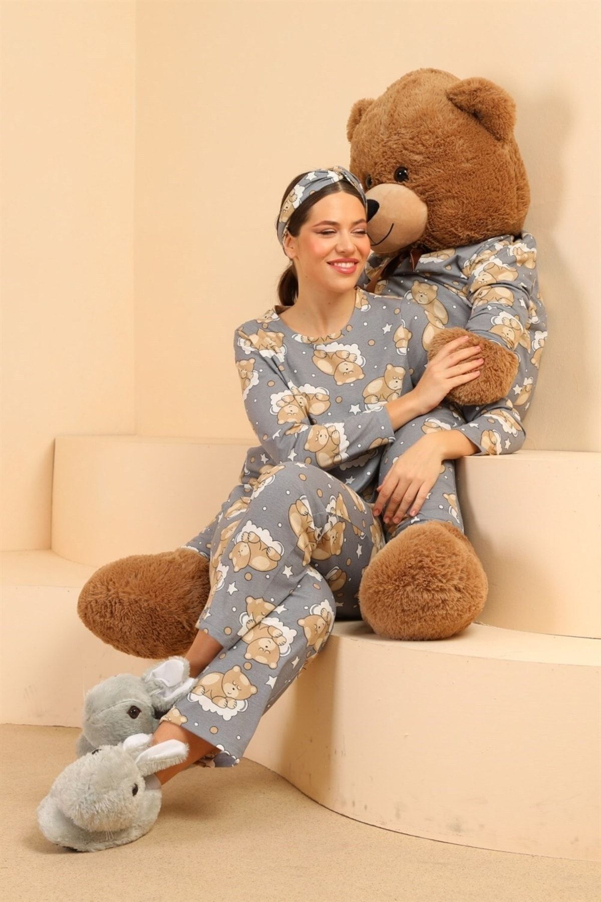 Seamoda Teddy Bear Printed Long Sleeve Pajama Set-grey