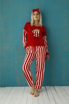Kadın Kırmızı Popcorn Desenli Peluş Pijama Takımı 4120