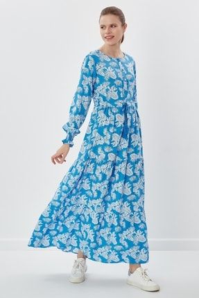 Yaprak Desen Tesettür Elbise Mavi BİG2145