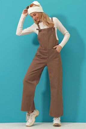 Trend Ala&ccedil;atı Stili Kadın Camel Kanguru Cepli Denim Bah&ccedil;ıvan Salopet ALC-X9072