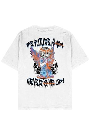 Never Give Up Beyaz Oversize Unisex T-shirt AG176OT