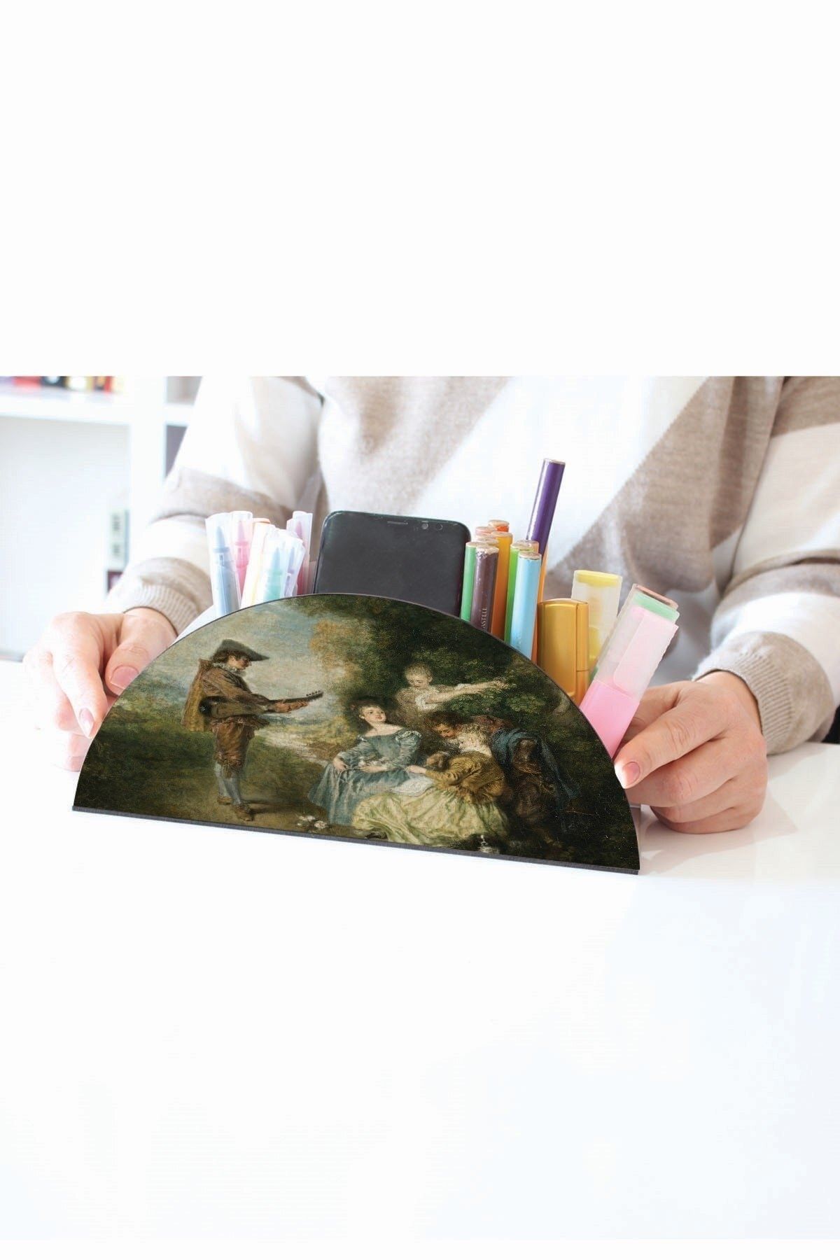 WuW-Antoine Watteau The Love Lesson Wooden Desktop Pen Holder Pen Case Organizer 3