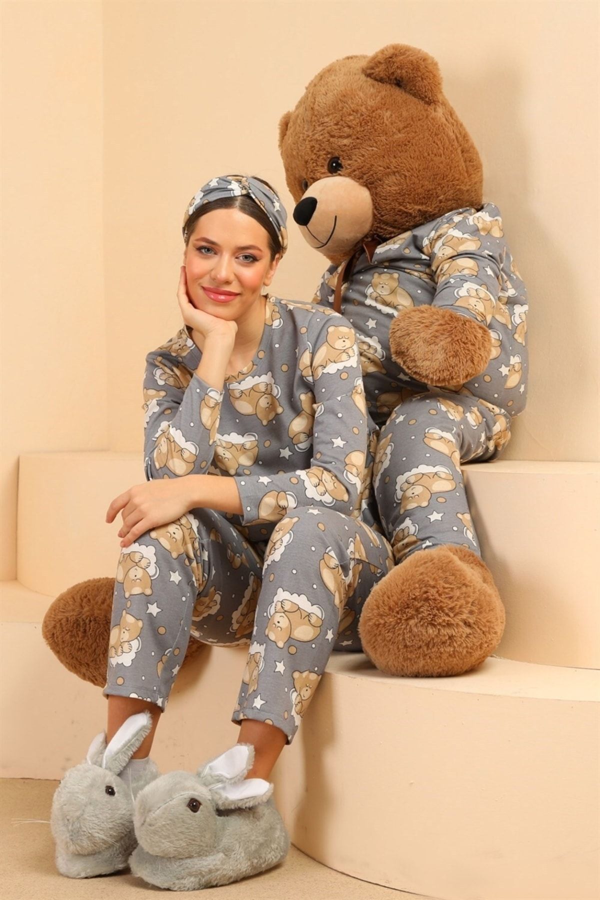 Seamoda Teddy Bear Printed Long Sleeve Pajama Set-grey - Trendyol