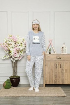 Well Soft Polar Kedi Desenli Mavi Pijama Takımı+ Göz Bandı Ve Çorap DRA-1154-2