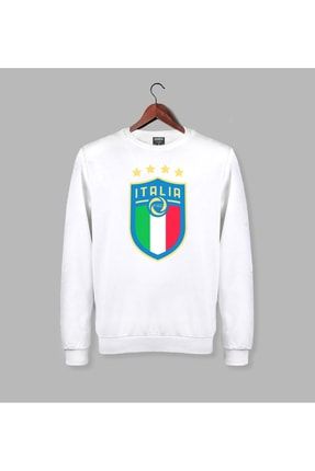 Unisex Beyaz İtalya Milli Takım Logo Baskılı Futbol Tasarım Sweatshirt 987987dar772839