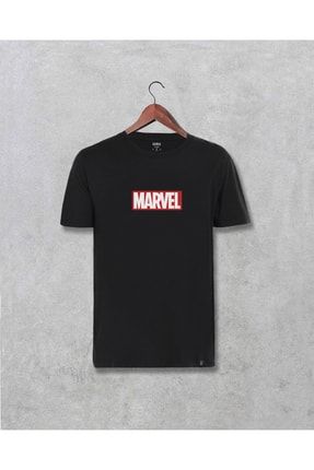 Unisex Siyah Marvel Logo Baskılı Tişört 95642423367541