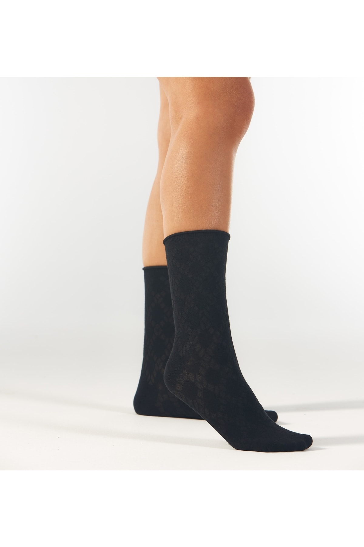 Forwena Siyah Örgü Desenli Modal Lastiksiz Dikişsiz Kadın Soket Çorap
